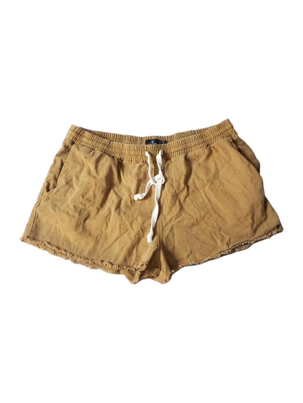 Volcom Women's Brown Cut Off Shorts L 100% Cotton Fringe Drawstring